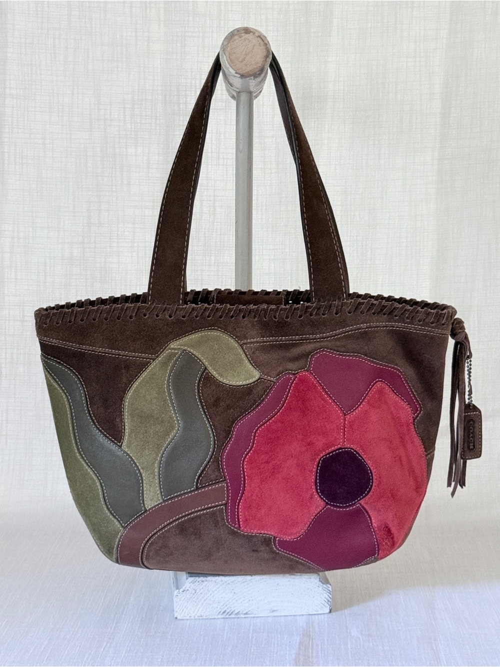 RARE 2006 Vintage Coach 'Poppies for Peace' Suede Patchwork Tote